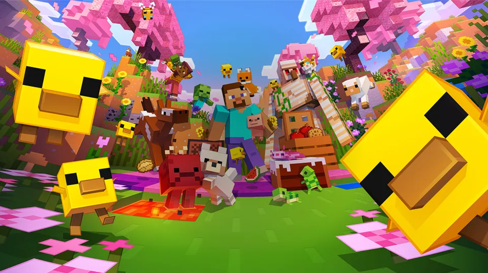 Minecraft characters gathered in a colourful cherry grove