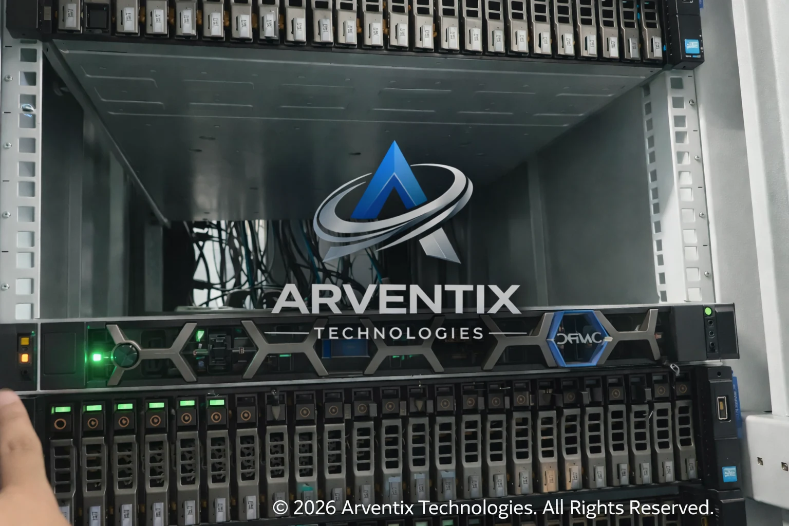Server hardware: Rack-mounted servers. Original image supplied by HexaCraft; Arventix Technologies watermark retained.