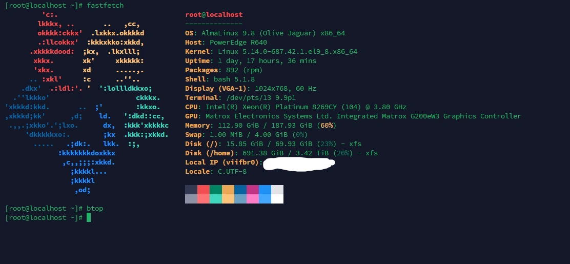 Intel platform · resource overview: Fastfetch showing CPU, memory and storage. Original IP redaction retained.